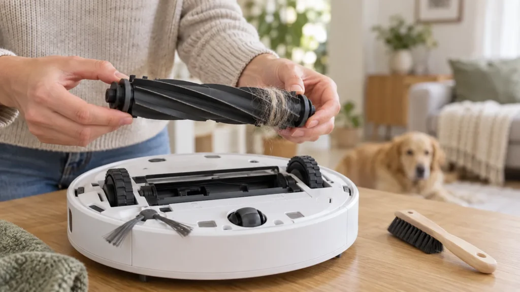 Ruke drže izvađeni valjak robotskog usisavača s dlakama omotanim oko kraja.