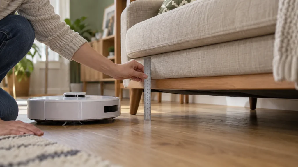 mjerenje razmaka između poda i donjeg ruba kauča radi provjere prolaska robotskog usisavača