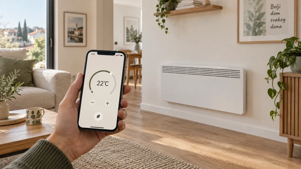 podešavanje temperature pametne grijalice putem aplikacije na telefonu.