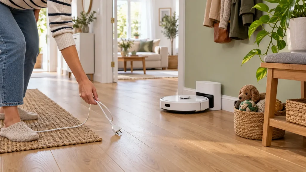 Osoba uklanja kabel s poda dok robotski usisavač čeka uz stanicu
