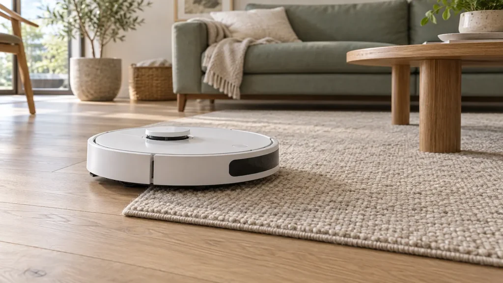 robotski usisavač na rubu tepiha u dnevnoj sobi