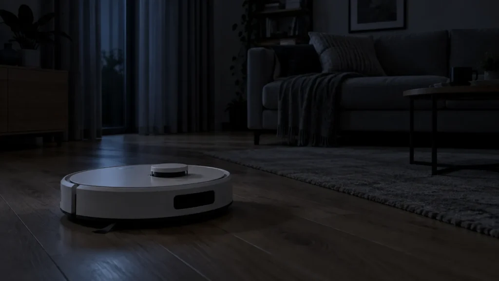 robotski usisavač s lidar tornjićem u zamračenom dnevnom boravku