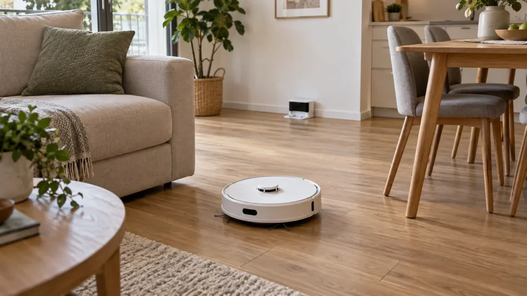 robotski usisavač u malom dnevnom boravku s kompaktnom bazom za punjenje