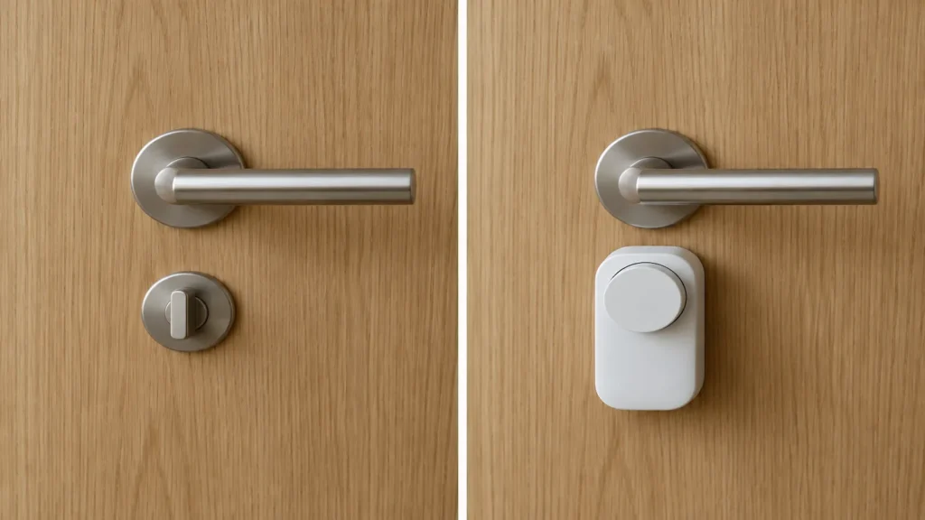 usporedni prikaz mehaničkog okretnog gumba i unutarnje pametne brave na drvenim vratima