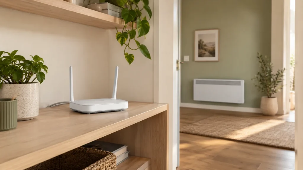 wi fi router na otvorenoj drvenoj polici, s pametnom grijalicom u susjednoj prostoriji