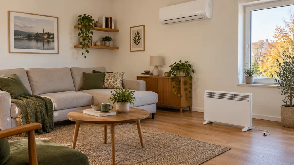 zidna klima i prijenosna električna grijalica u dnevnom boravku