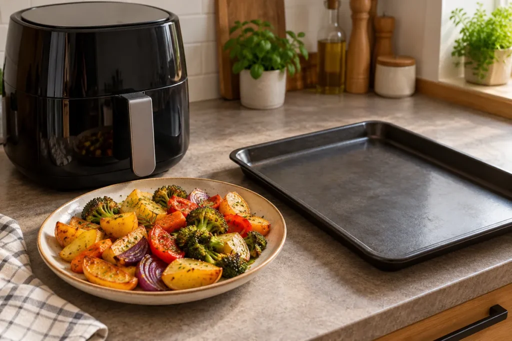 Air fryer ili pećnica: potrošnja struje i praktične razlike Tanjur pečenog povrća i krumpira uz air fryer i prazan pladanj pećnice
