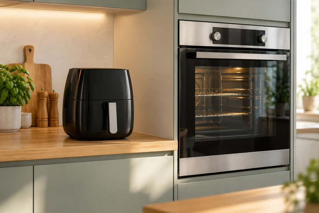 Mali air fryer i ugradbena pećnica u istoj svijetloj kuhinji