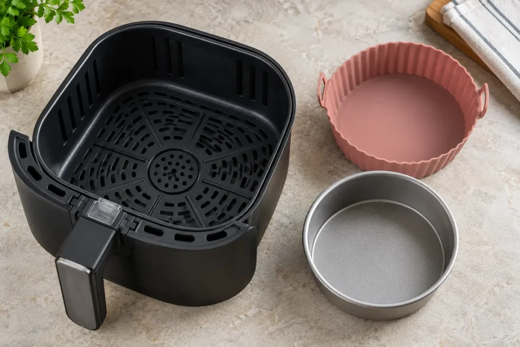 Papir, folija i silikonski kalup u air fryeru: što provjeriti Prazna air fryer košara uz silikonski kalup i metalnu posudu na kuhinjskoj plohi