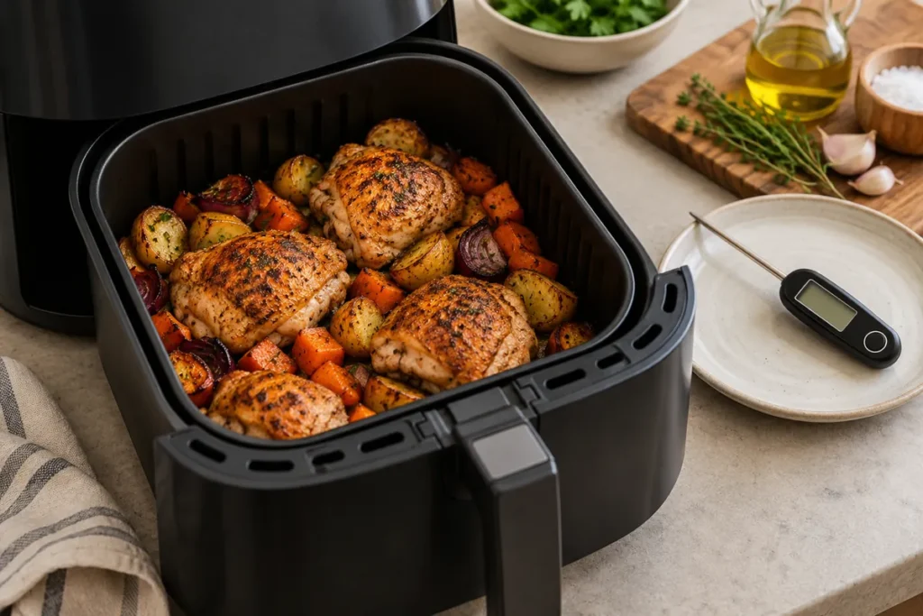 Vrijeme i temperatura pečenja u air fryeru: kako prilagoditi pripremu Pečeni komadi piletine i povrće u otvorenoj air fryer ladici uz termometar za hranu na tanjuru