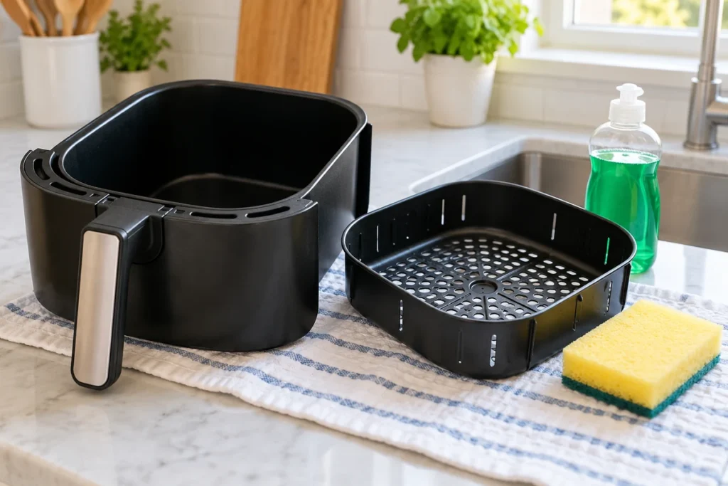 Čista suha air fryer ladica i perforirani umetak odvojeno položeni na kuhinjsku krpu