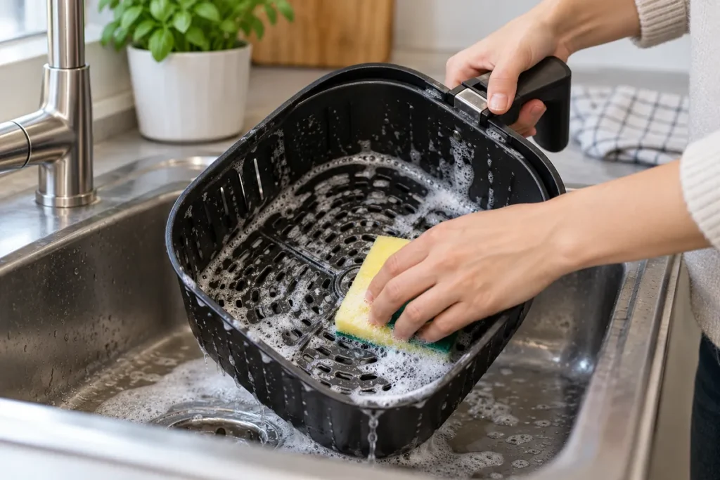 Kako očistiti air fryer: košara, premaz i unutrašnjost Ohlađena odvojiva air fryer košara nježno se pere mekom spužvom u kuhinjskom sudoperu