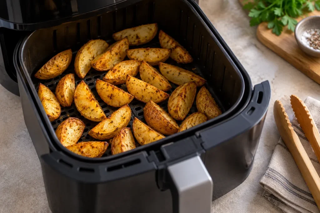 Kako odabrati air fryer: vodič za kupnju i svakodnevnu uporabu Otvorena air fryer košara s pečenim krumpirima raspoređenima u rahli sloj
