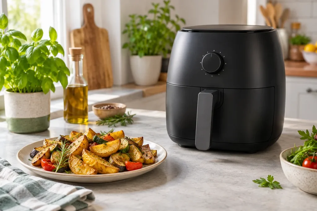 Crni air fryer na kuhinjskoj radnoj plohi uz tanjur pečenih krumpira i povrća
