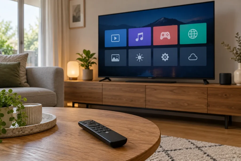 Kako odabrati smart TV: vodič za veličinu, sliku i funkcije Smart televizor s ilustrativnim izbornikom aplikacija i daljinskim upravljačem na stoliću