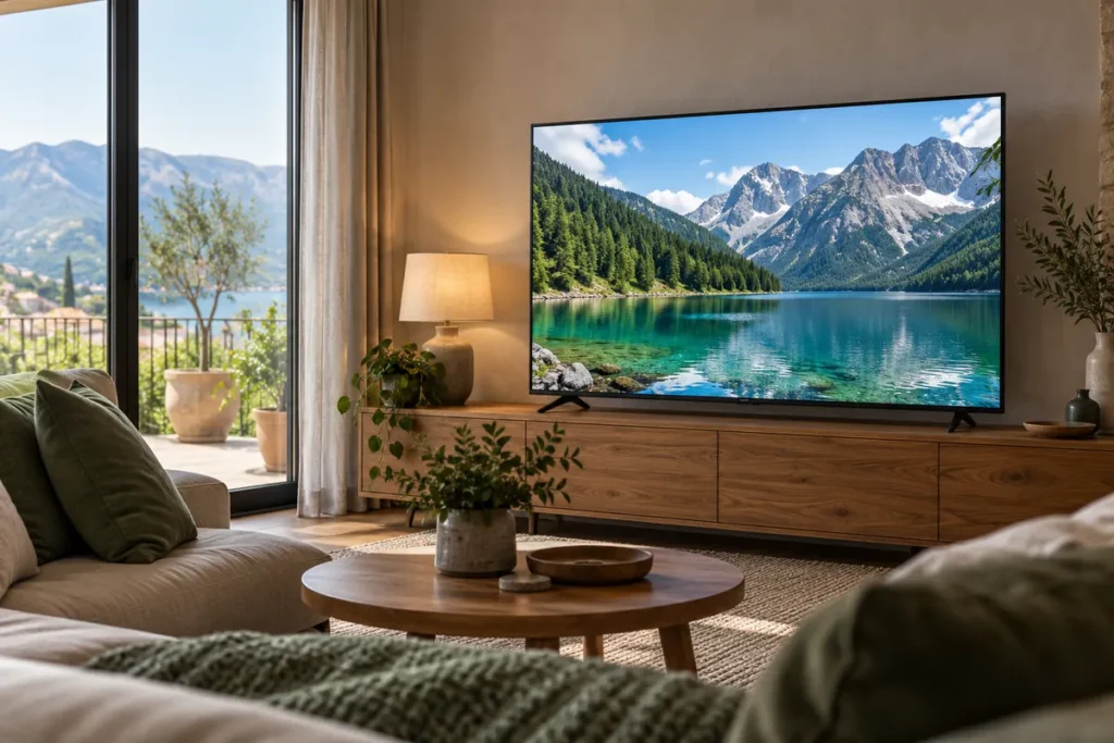 Kako odabrati smart TV: vodič za veličinu, sliku i funkcije Smart televizor s prikazom planinskog jezera na drvenoj komodi u dnevnom boravku
