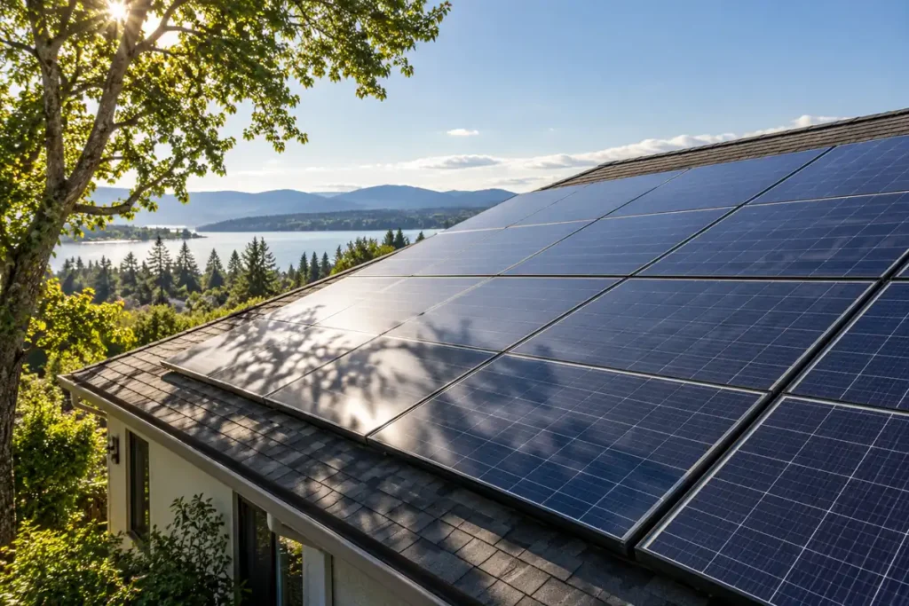 Kolika solarna elektrana treba kući: potrošnja, kWp, krov i procjena proizvodnje Sunce obasjava panele na krovu, a obližnje drvo zasjenjuje dio dvorišta.