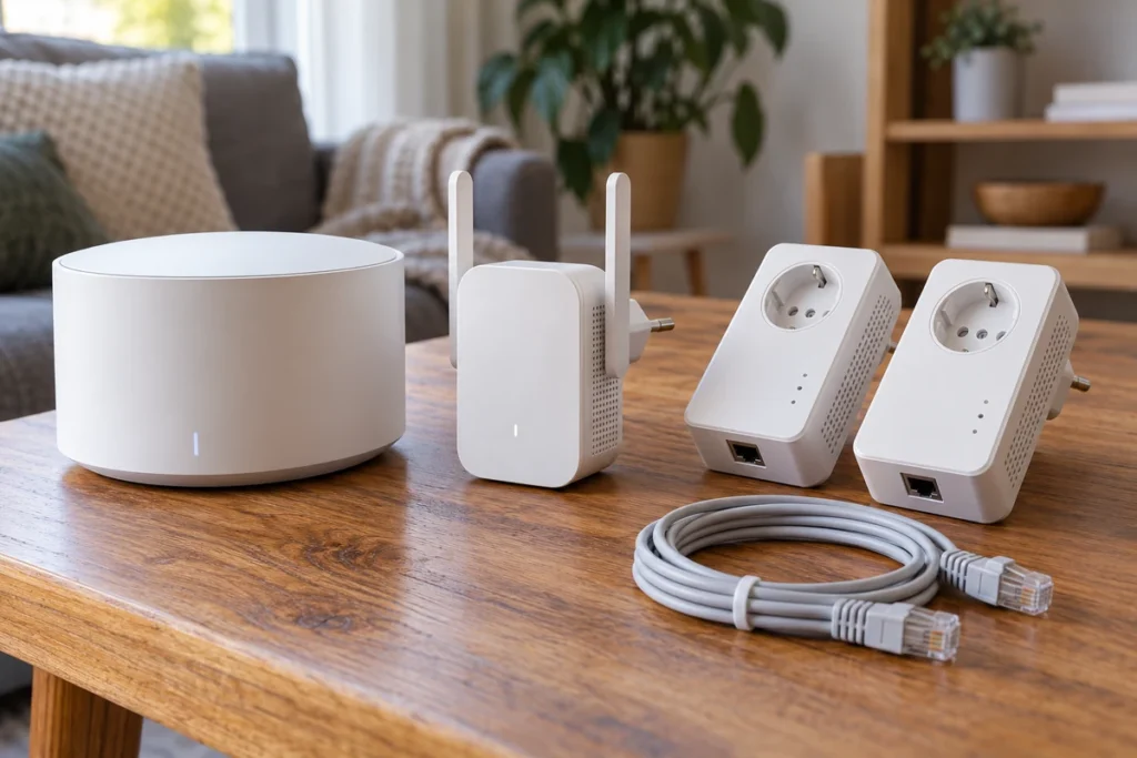 Mesh čvor, Wi-Fi pojačivač, Powerline adapteri i Ethernet kabel na drvenom stolu
