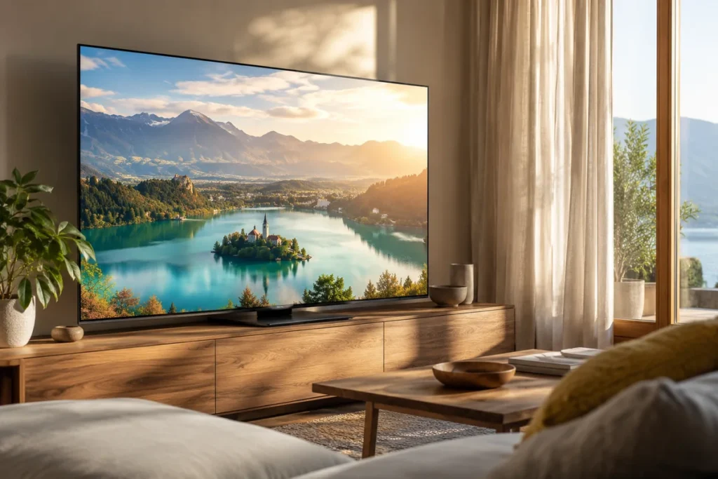 OLED, QLED i Mini LED: razlike i što provjeriti prije kupnje Veliki televizor s prirodnim krajolikom uz prozor i svijetle zavjese