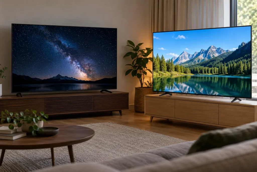 Dva televizora s prikazom tamnog zvjezdanog neba i svijetlog dnevnog krajolika