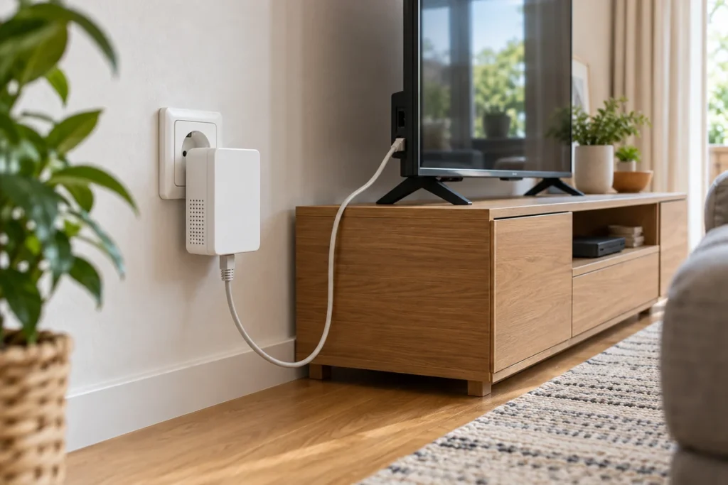 Powerline adapter u zidnoj utičnici pokraj TV komode s uredno provedenim mrežnim kabelom