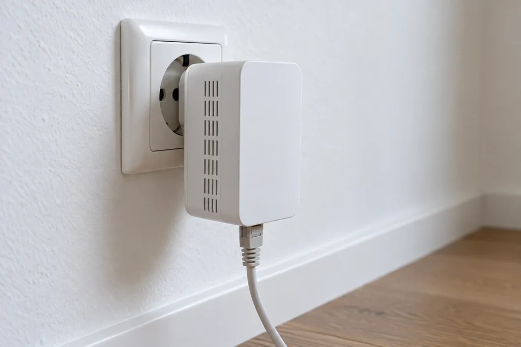 Bijeli Powerline adapter izravno priključen u zidnu utičnicu s povezanim Ethernet kabelom