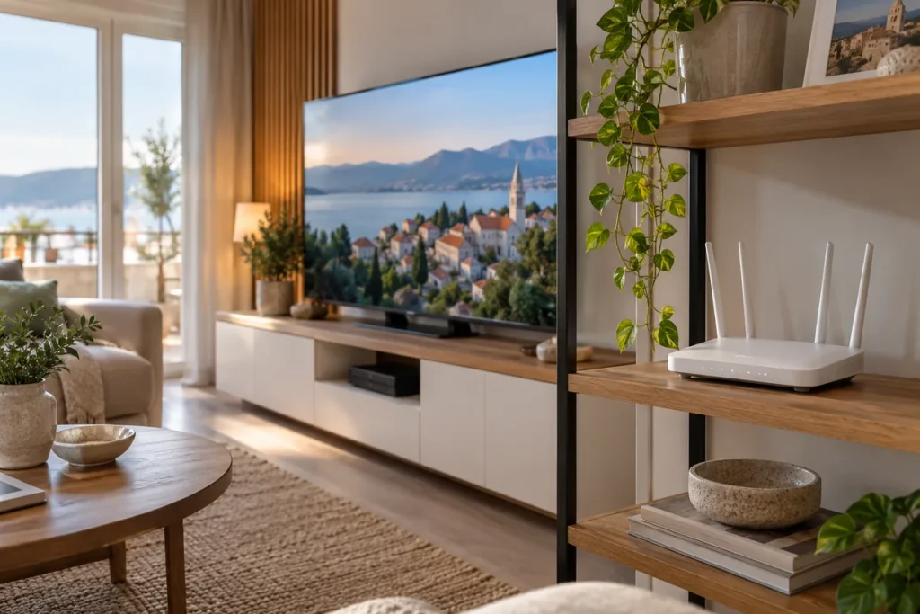 Smart TV ne spaja se na Wi-Fi: što provjeriti prije resetiranja Wi-Fi router na otvorenoj polici pokraj televizijske komode u svijetlom dnevnom boravku
