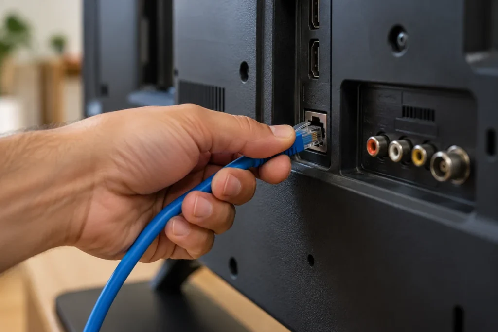 Smart TV ne spaja se na Wi-Fi: što provjeriti prije resetiranja Ruke spajaju Ethernet kabel u mrežni priključak na stražnjoj strani televizora