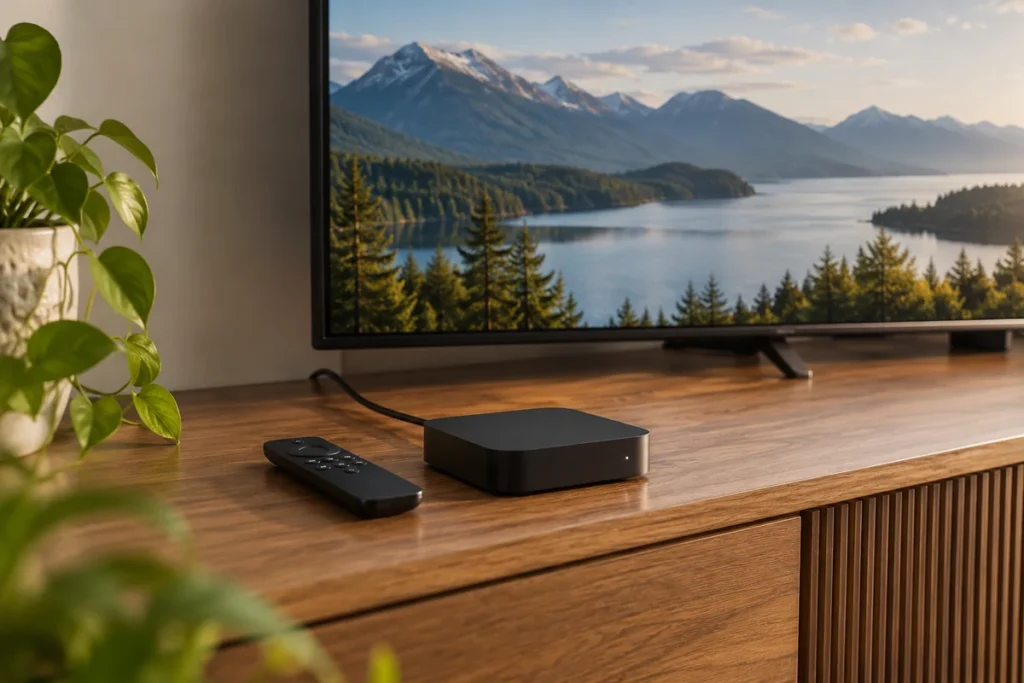 Mali vanjski streaming uređaj s HDMI kabelom i daljinskim na televizijskoj komodi