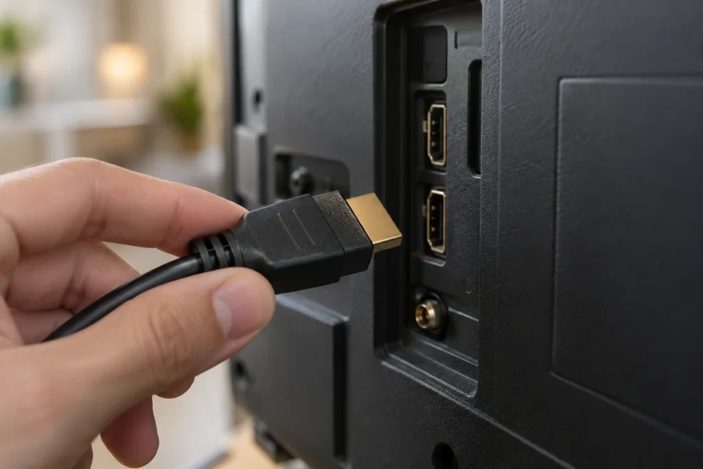 Smart TV za gaming: HDMI, 120 Hz, VRR i ALLM Ruka drži HDMI konektor pokraj HDMI priključka na stražnjoj strani televizora