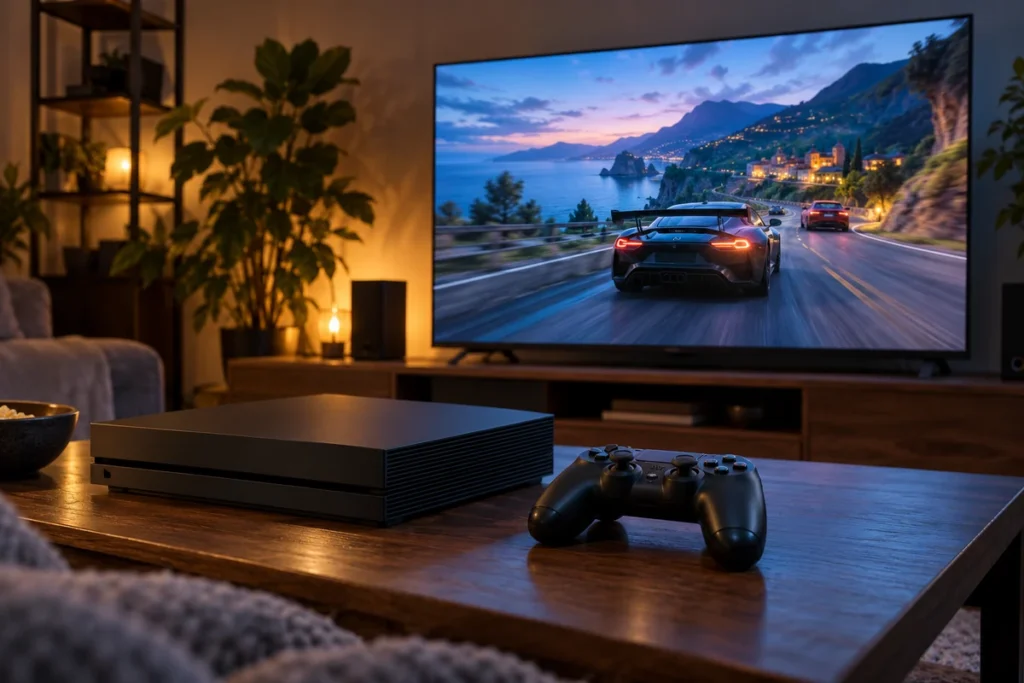 Smart TV za gaming: HDMI, 120 Hz, VRR i ALLM Igraća konzola i crni kontroler ispred televizora s ilustrativnom trkaćom igrom