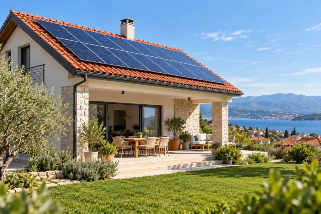 Kompletni vodič za solarnu energiju: paneli, struja u kući, baterije i uporaba izvan mreže Obiteljska kuća ima fotonaponske panele na osunčanom krovu.