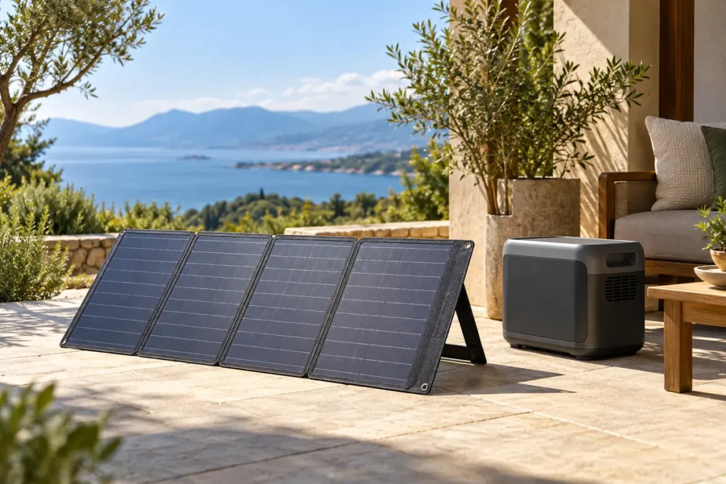 Sklopivi solarni panel postavljen je na sunčanom dijelu terase uz prijenosnu baterijsku stanicu.