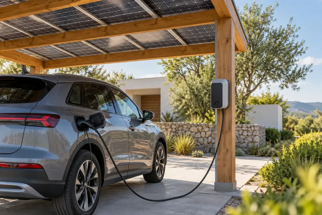 Automobil je priključen na punionicu ispod solarnog nadstreška.