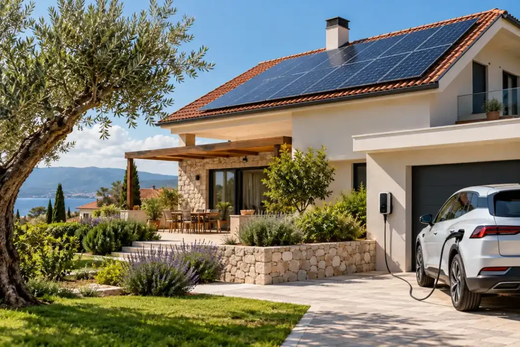 Električni automobil puni se uz kuću sa solarnim panelima.