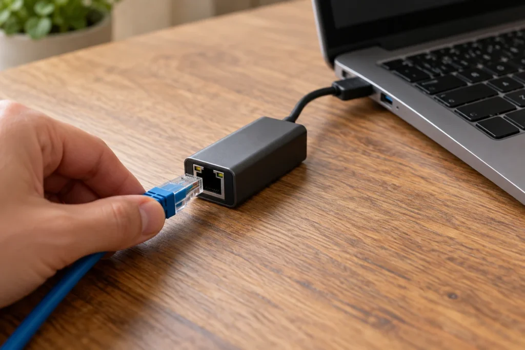 Ethernet kabel spaja se na laptop preko mrežnog USB adaptera na drvenom radnom stolu