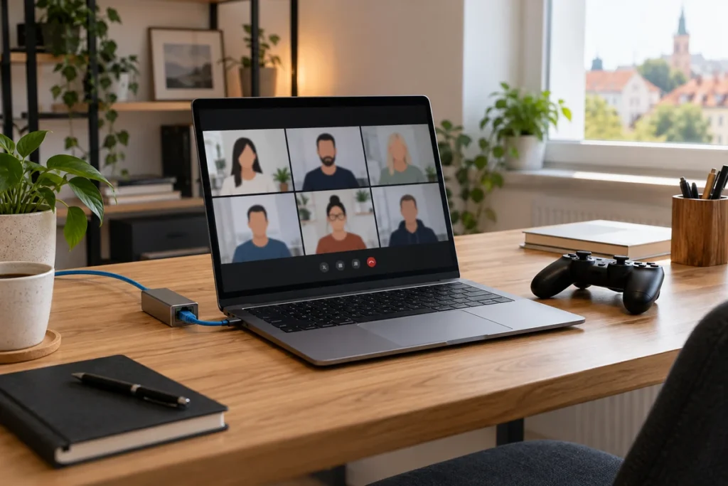 Laptop s ilustrativnim videopozivom, kontroler za igre i Ethernet veza na urednom radnom stolu