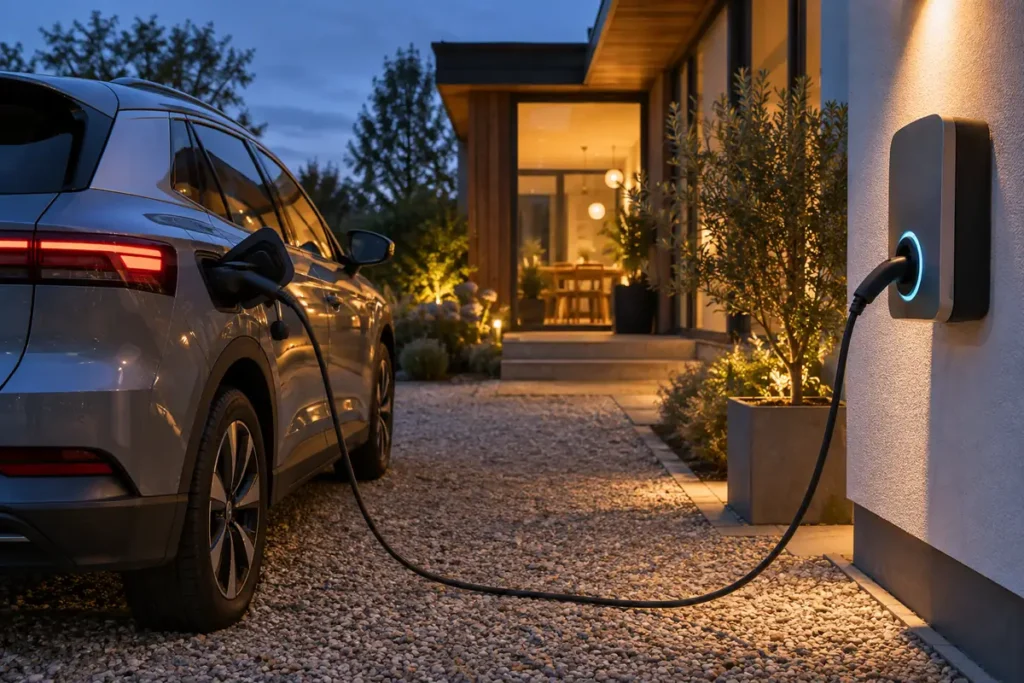 Električni automobil puni se uz kuću u večernjim satima.