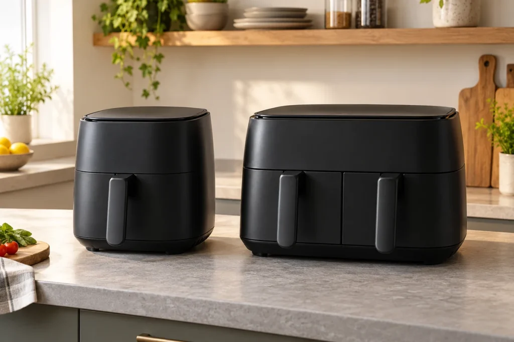 Veličina air fryera: kapacitet košare važniji je od samih litara Kompaktni air fryer s jednom ladicom i veći model s dvije ladice na kuhinjskoj plohi