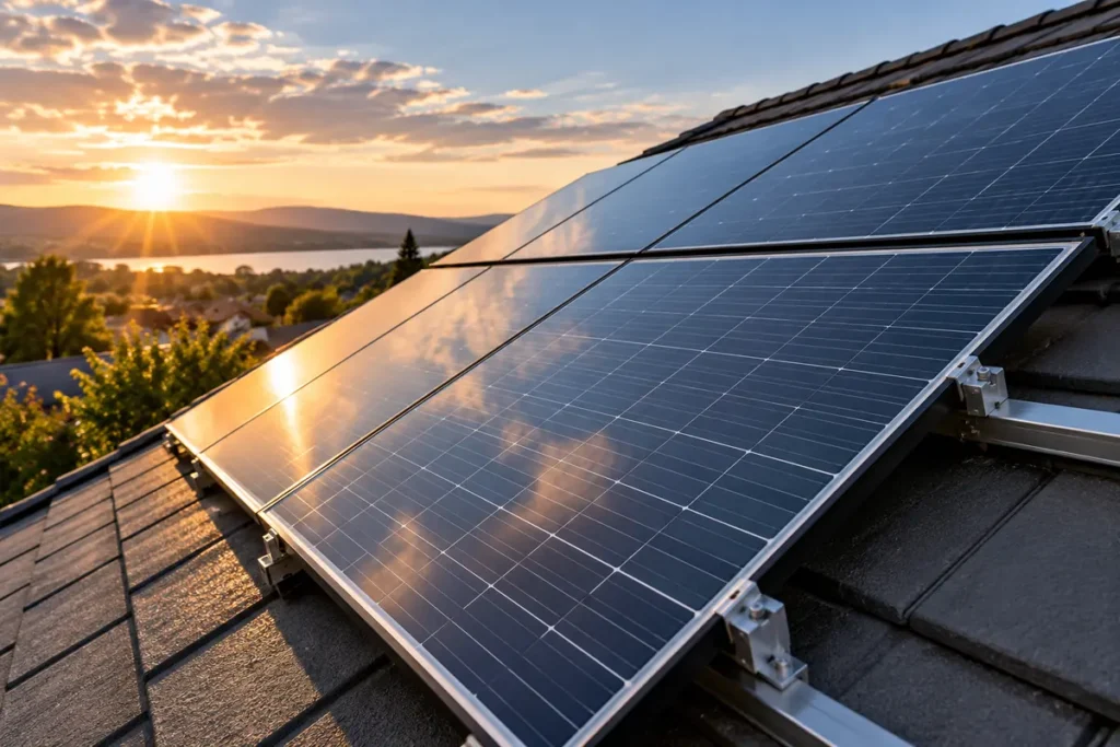 Vrste solarnih panela i sustava: krovni, fleksibilni, prijenosni i kolektori za toplu vodu Detalj krutih fotonaponskih panela ugrađenih na krov.