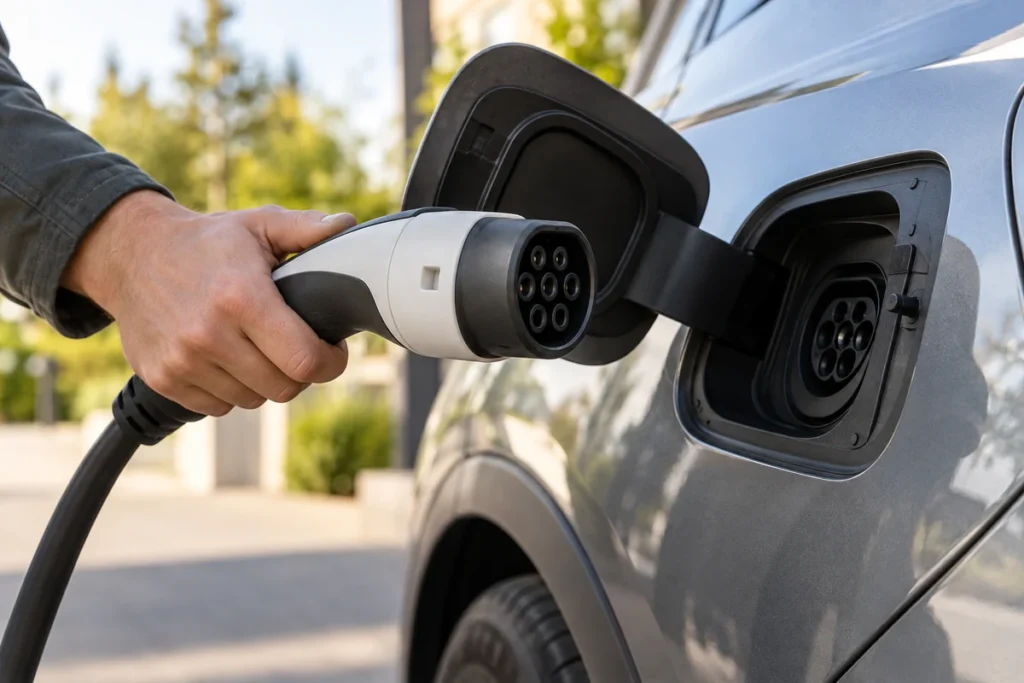 Kako odabrati kućni wallbox: 7,4, 11 ili 22 kW, kabel i korisne funkcije Ruka drži Type 2 priključak uz otvor za punjenje automobila.