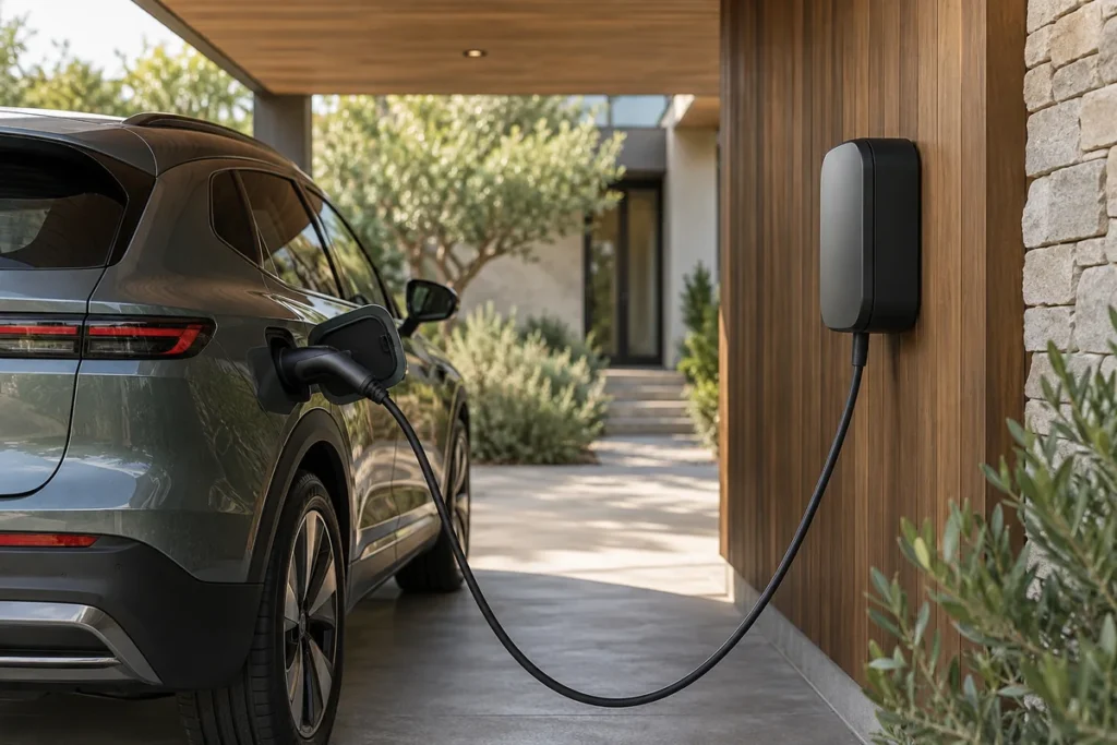 Kako odabrati kućni wallbox: 7,4, 11 ili 22 kW, kabel i korisne funkcije Zidni punjač s priključenim automobilom u natkrivenom parkiralištu.