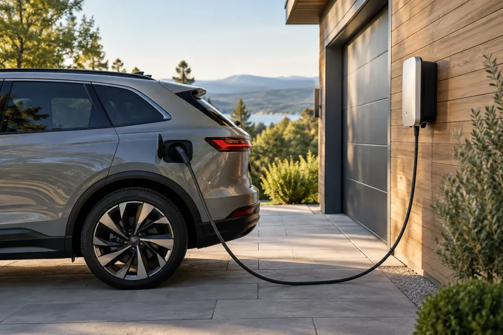 Kako odabrati kućni wallbox: 7,4, 11 ili 22 kW, kabel i korisne funkcije Kabel wallboxa vodi uz bočnu stranu parkiranog automobila.